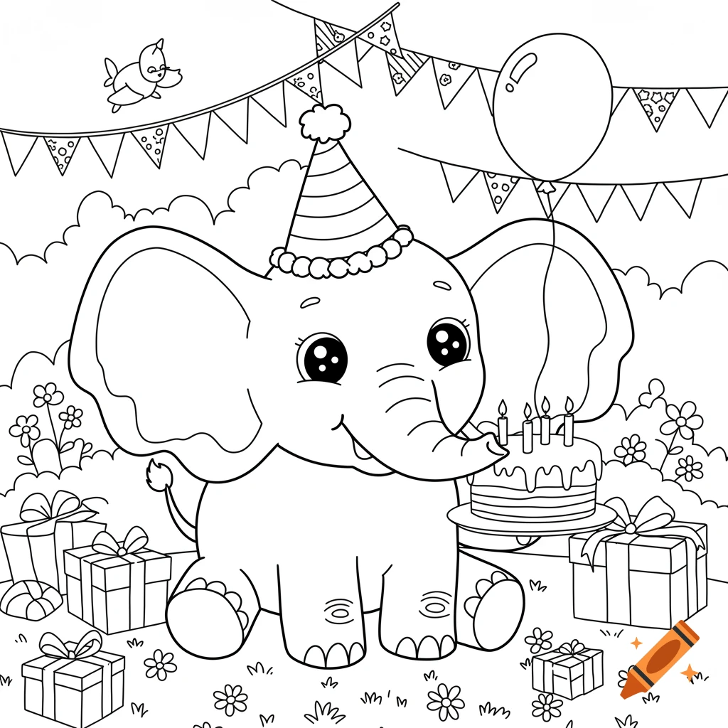 Line art coloring page of a cute cartoon elephant wearing a party hat and holding a birthday cake.