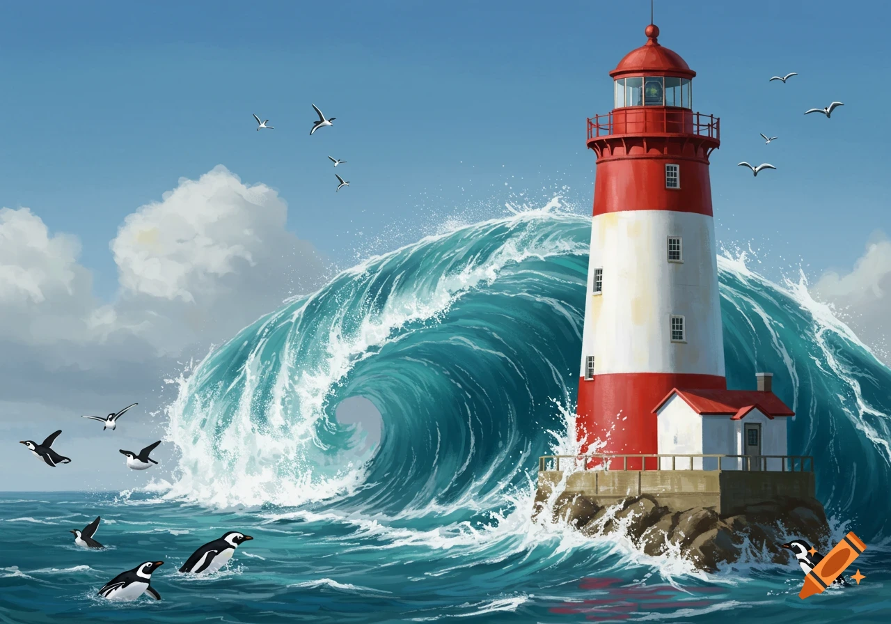 Digital painting of a red and white lighthouse on rocks with a large wave crashing around it. Penguins swim and seagulls fly.
