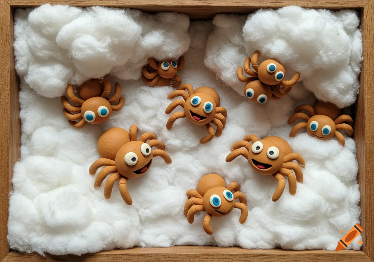 Clay spiders in a diorama with cotton clouds