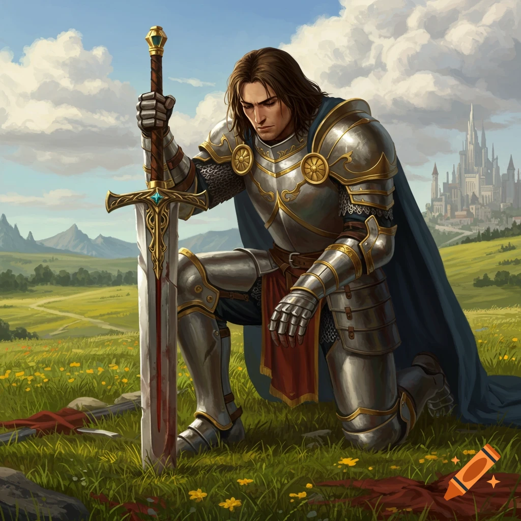 A knight in detailed armor kneels in a grassy field, resting on a bloody sword, with a castle in the background.