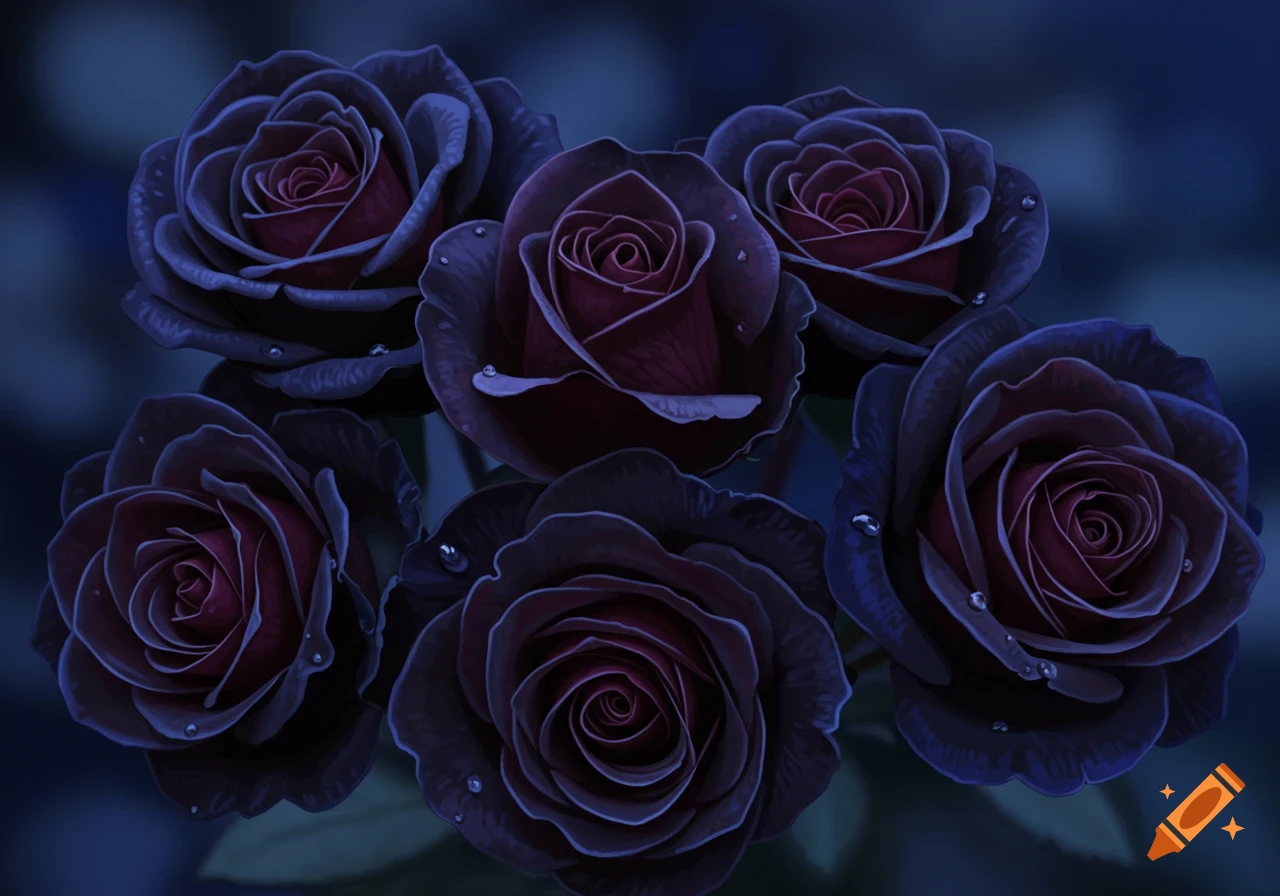 Digital painting of dark purple roses with water droplets