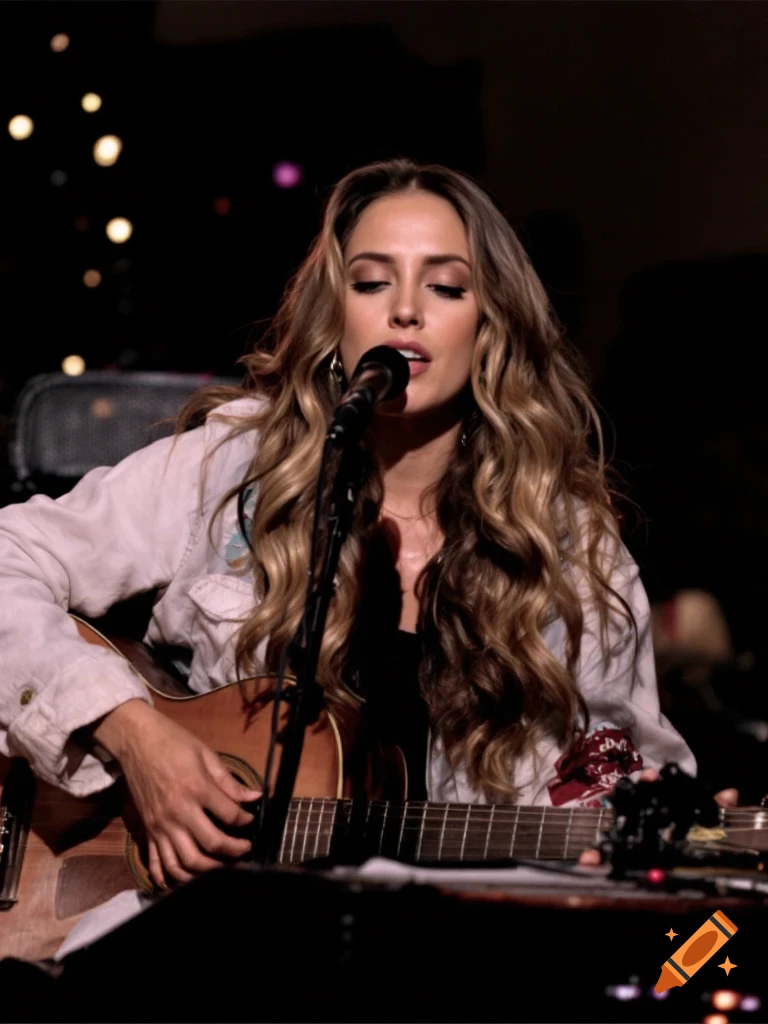 A woman plays an acoustic guitar and sings into a microphone on a dark stage.