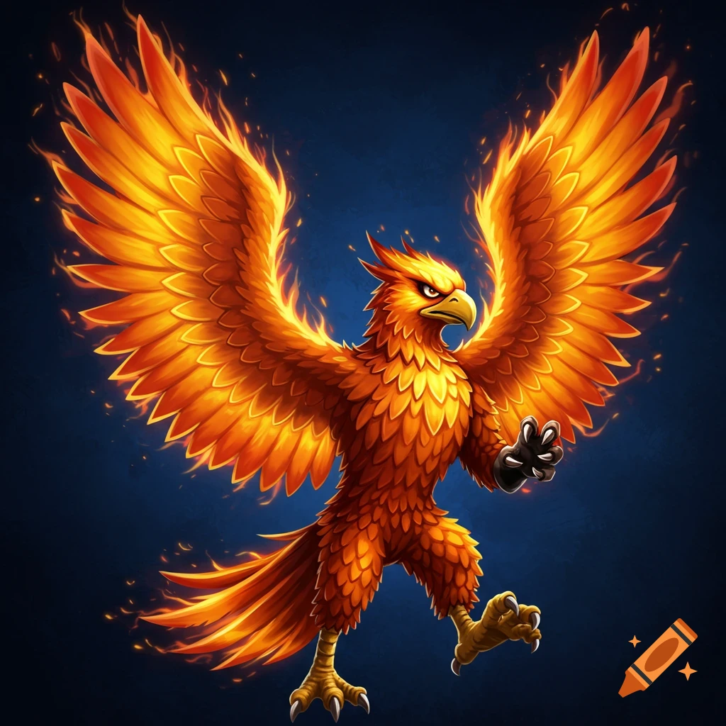 A vibrant, stylized illustration of a fiery orange phoenix with outstretched wings against a dark blue background.