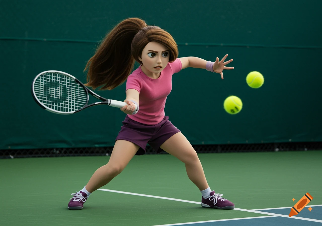 Cartoon character playing tennis, hitting a ball