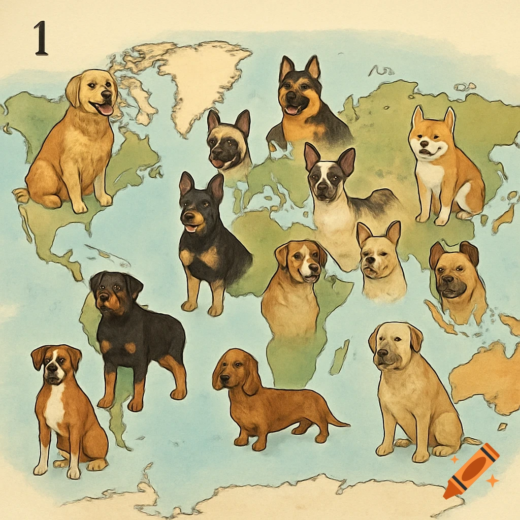 Illustration of different dog breeds positioned on a world map with the number 1.