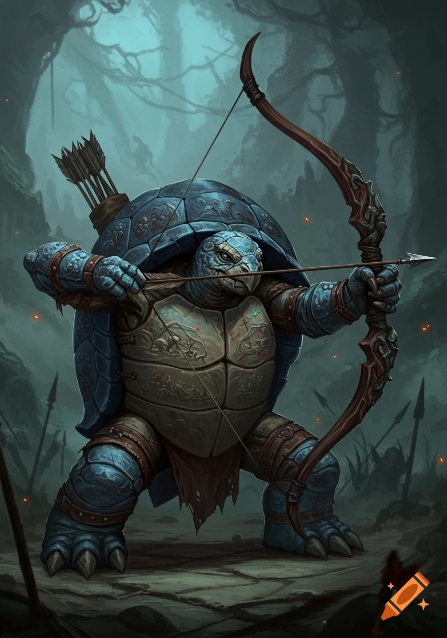 Fantasy illustration of a turtle warrior aiming a bow and arrow in a forest battleground.