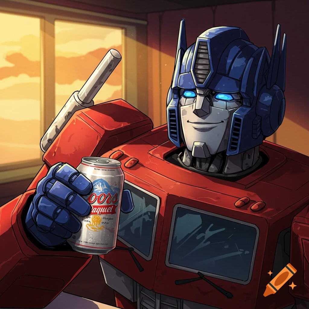 Illustration of Optimus Prime holding a beer can.