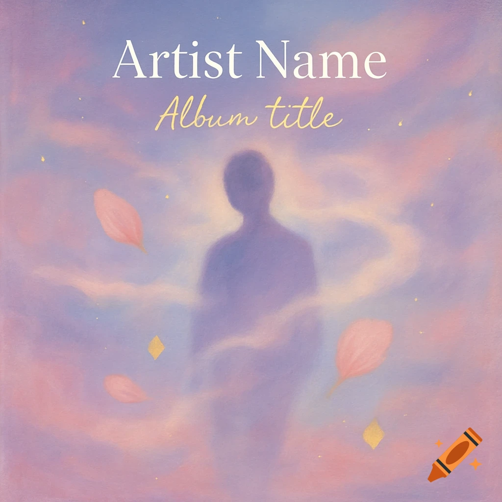 Dreamy surreal album cover art with silhouette figure, pastel clouds, petals, and title text