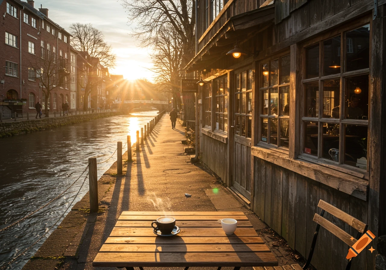 A coffee cup on an outdoor table by a river and coffee shop at sunset.