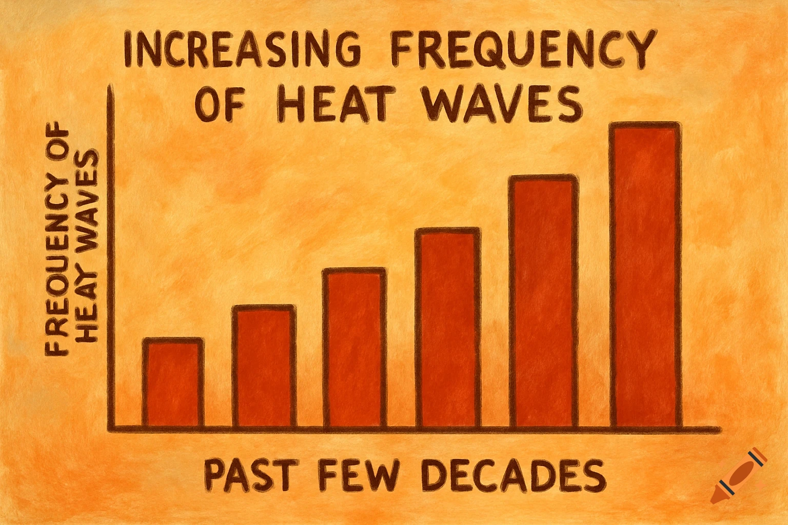 Bar graph showing increasing frequency of heat waves over past decades, in a drawing style.