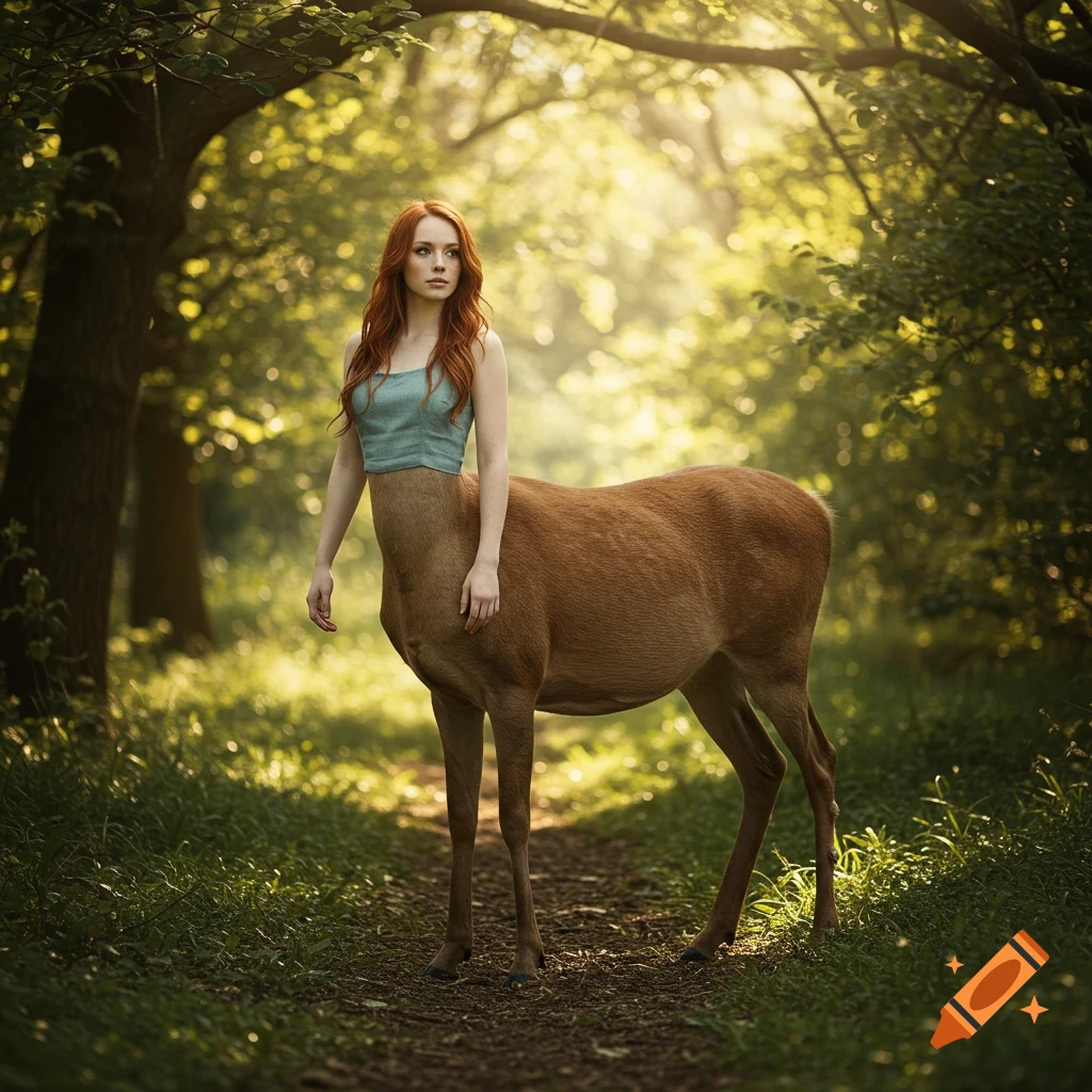 A deer centaur girl stands in a sunlit forest.