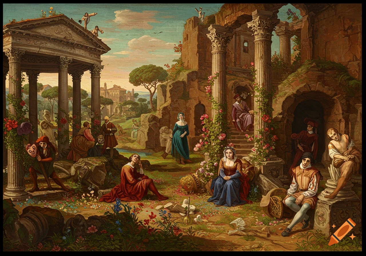 Painterly scene of figures in period clothing among classical ruins.