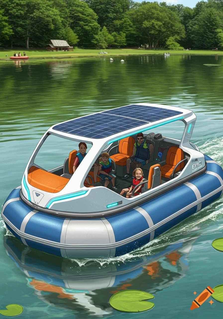 An illustration of a family in a futuristic solar-powered bumper boat on a lake.