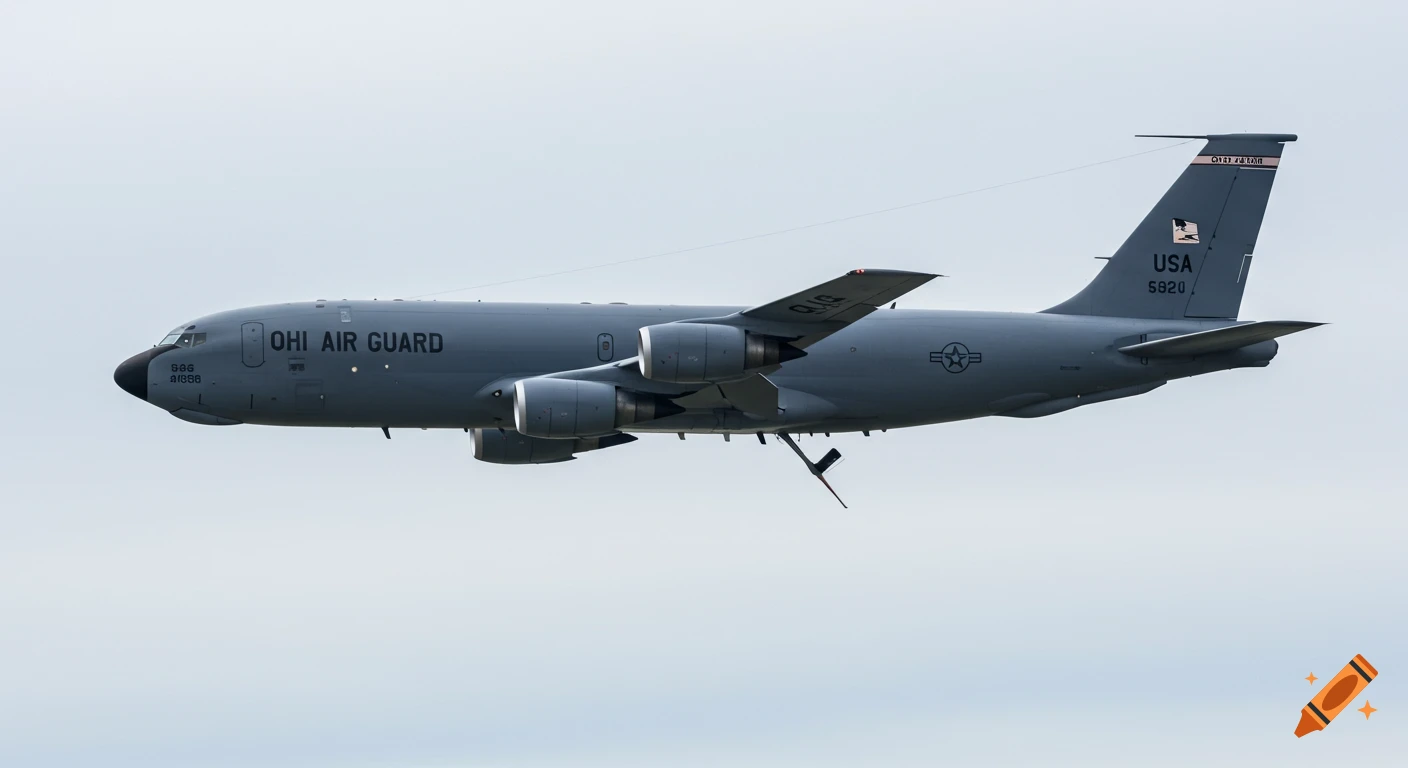 A gray Ohio Air Guard KC-135R refueling aircraft in flight