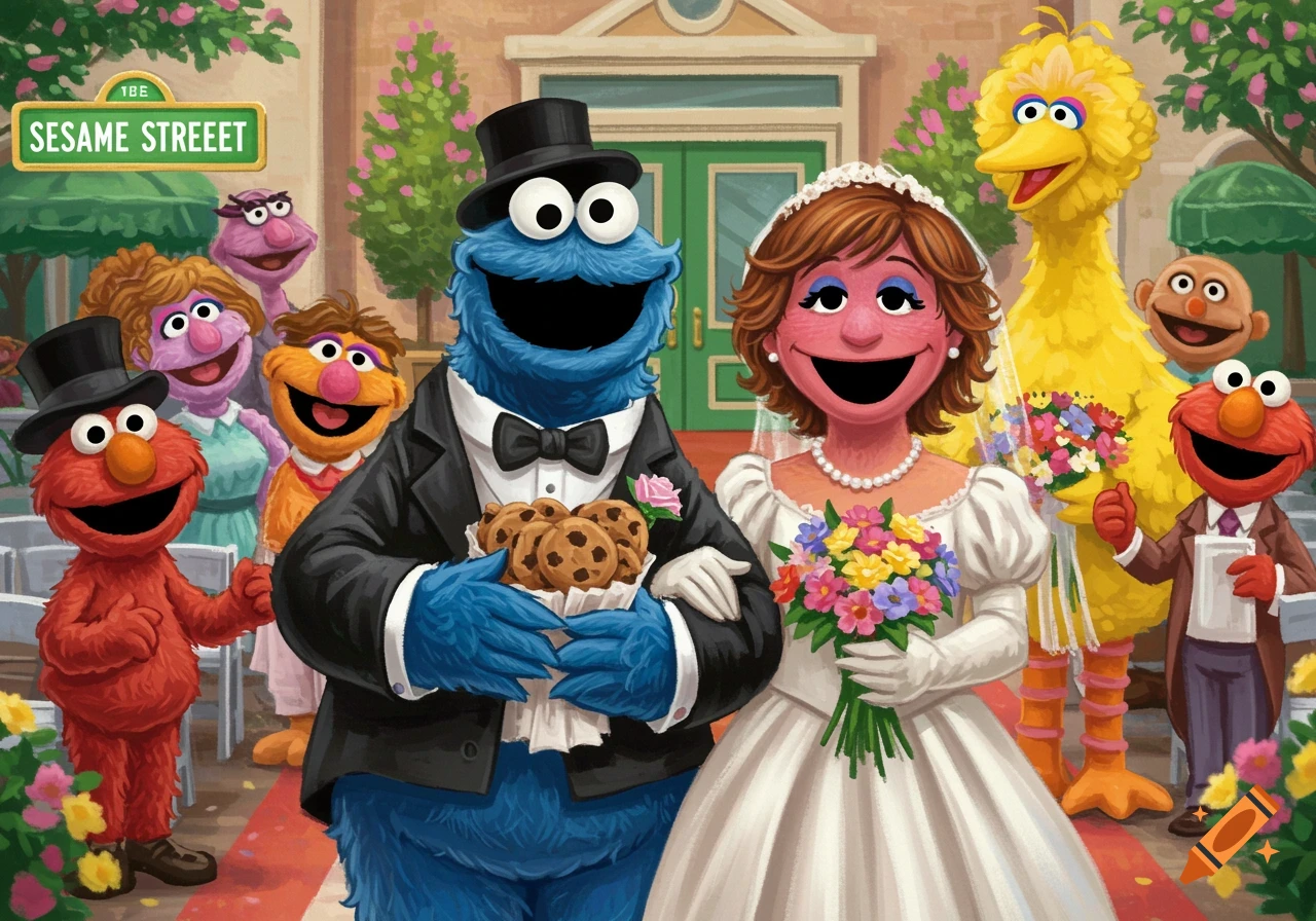 Cookie Monster marries a woman in a white dress, with Elmo, Big Bird, and other Sesame Street characters attending their outdoor wedding.