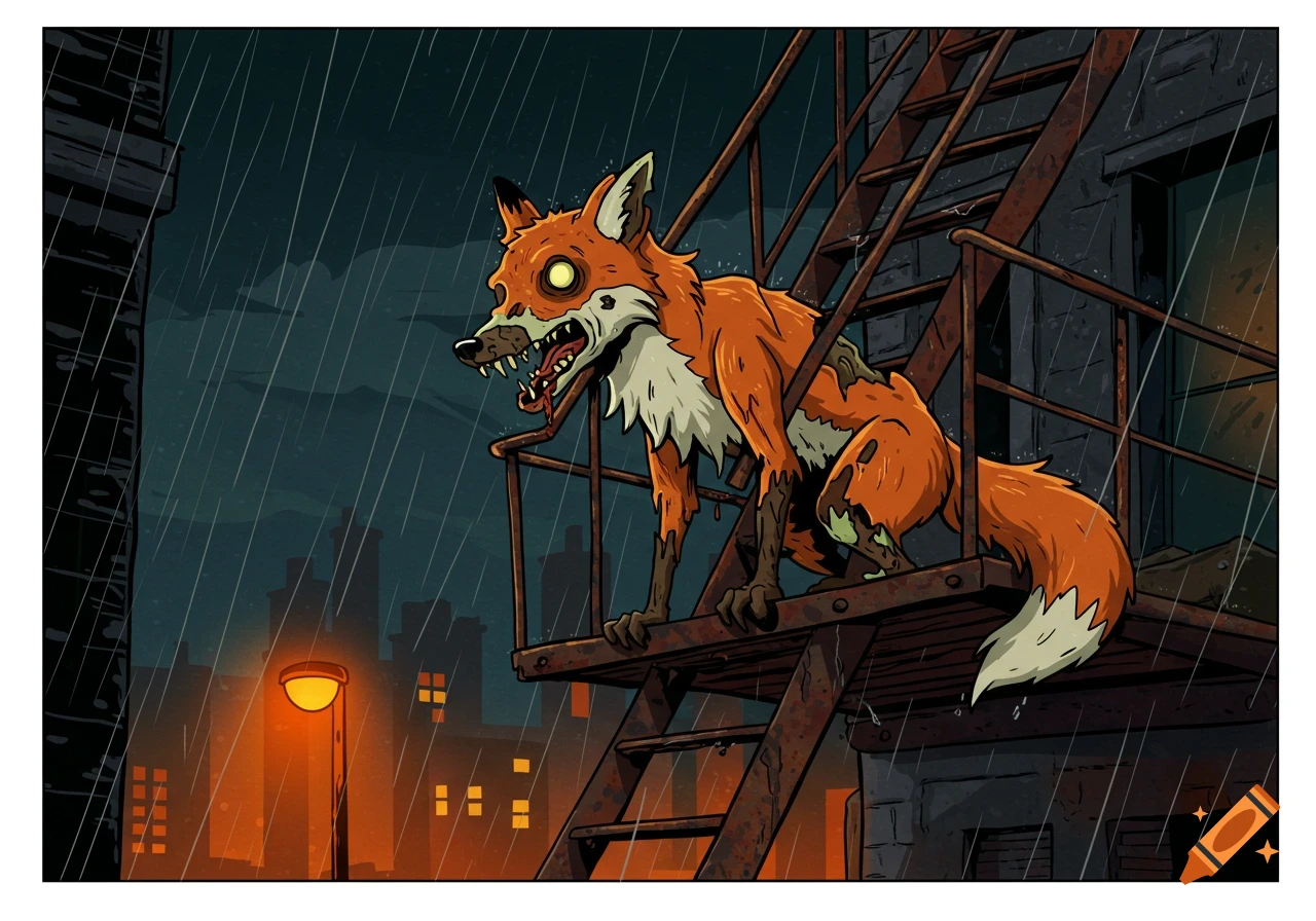 A cartoon zombie fox with glowing eyes sits on a rusty fire escape in the rain at night.