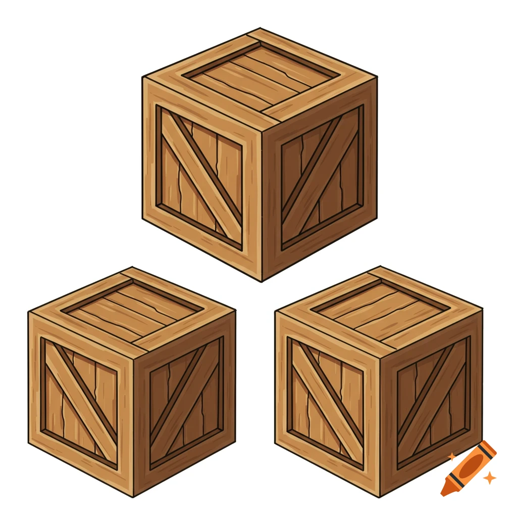 Three cartoon wooden crates on a white background.