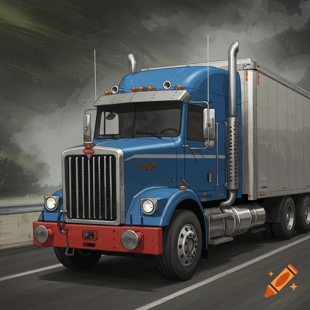 A blue semi-trailer truck drives down a road, stylized illustration.