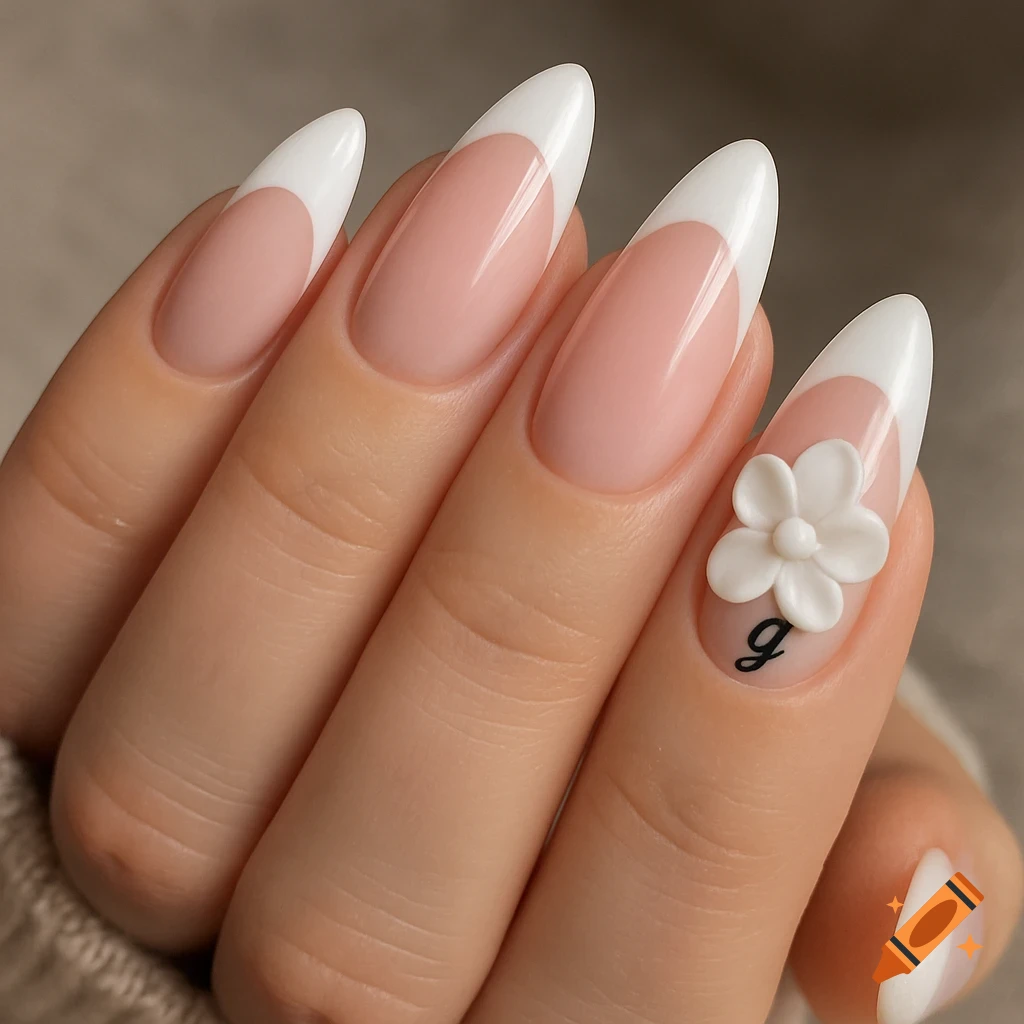 Close up of hand with almond shape white and pink french tip nails. One nail has a white 3D flower and a black 'g'.