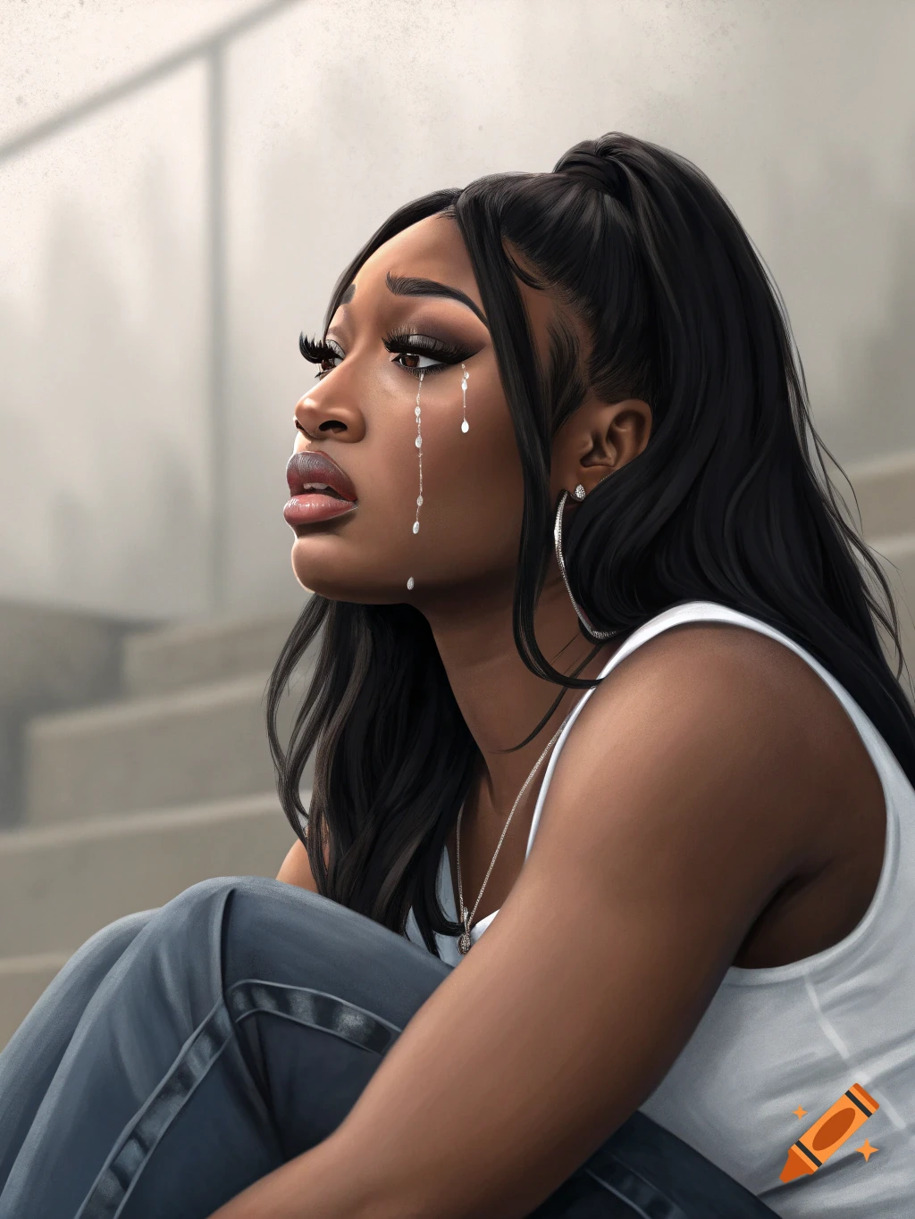 Illustrative portrait of a woman with long dark hair crying, sitting on stairs.