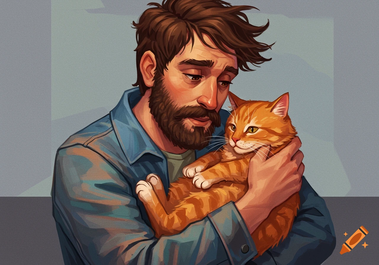Digital painting of a man holding an orange tabby cat.