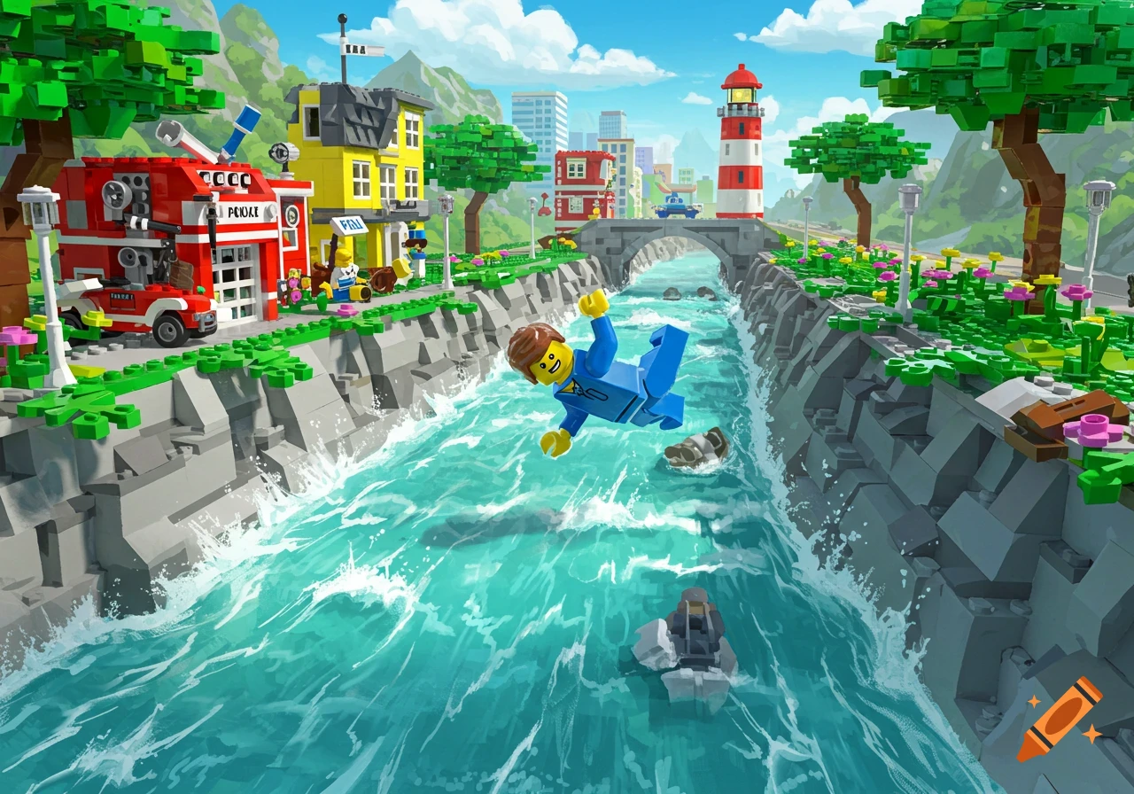 A Lego man falls into a river in a Lego city with buildings and a lighthouse.