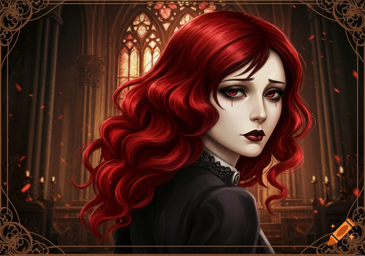 Portrait of a pale woman with red hair, dark makeup, and red eyes in a gothic dress in a cathedral