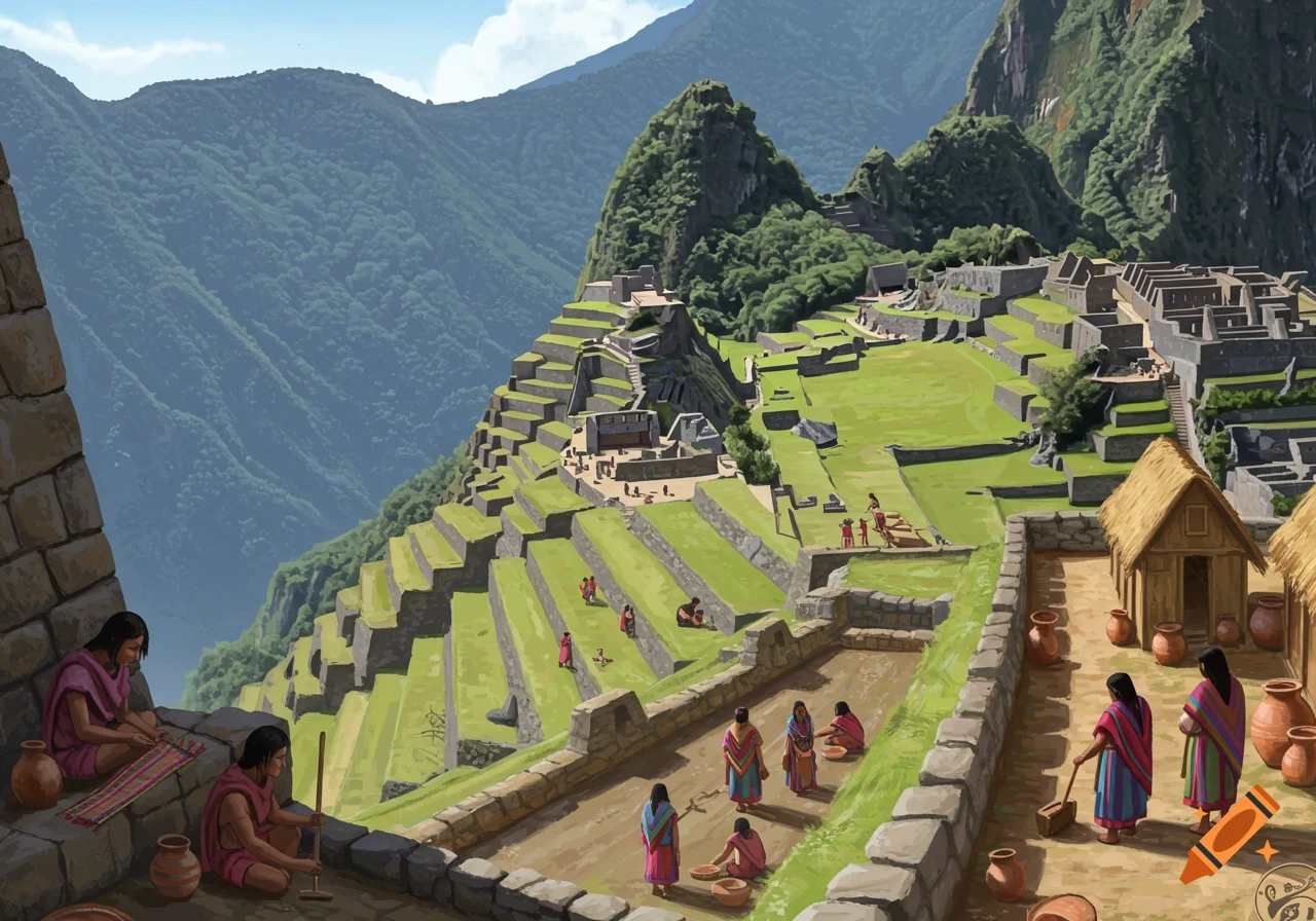 Painting of an ancient mountain city with terraced fields, stone buildings, and people working