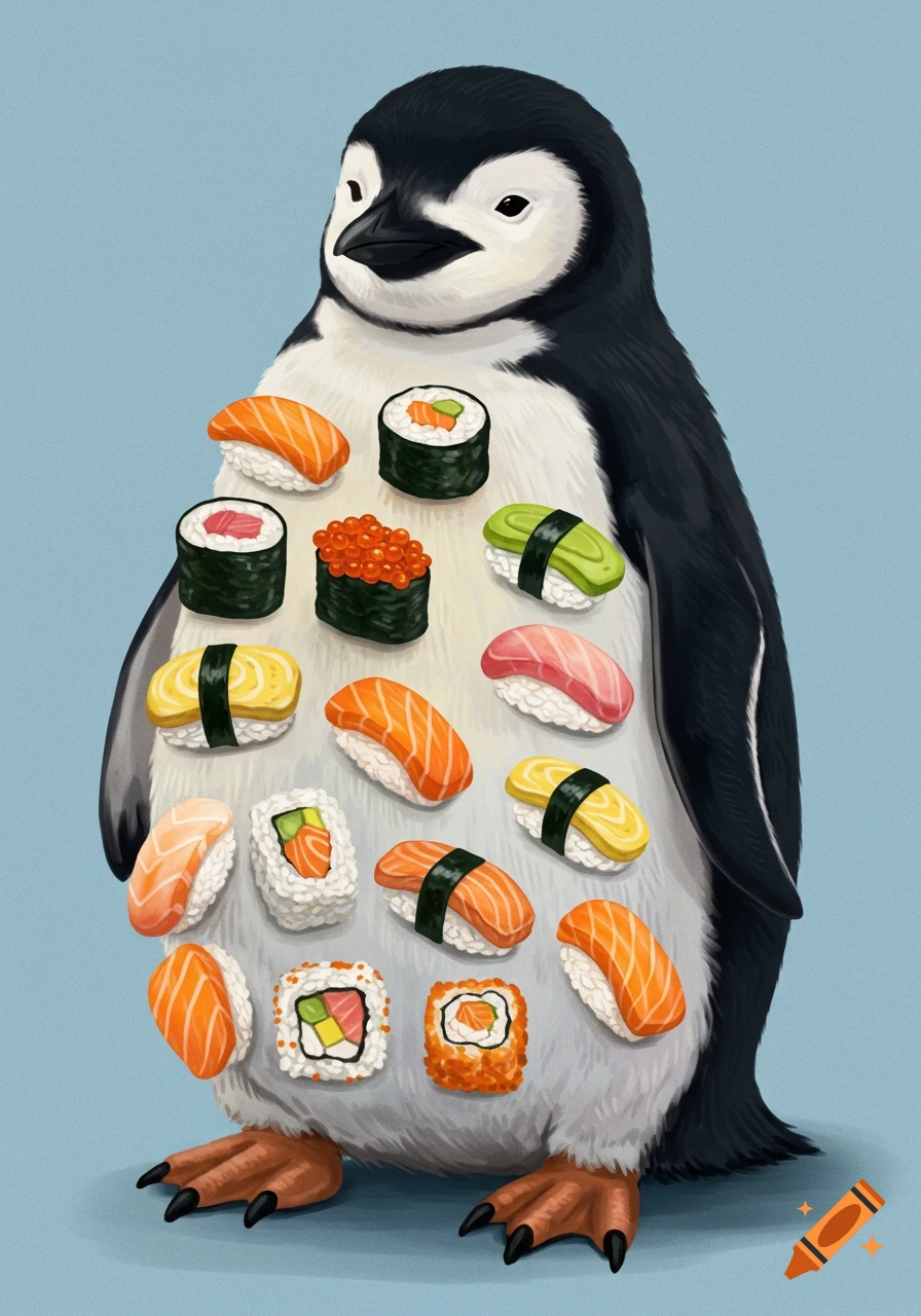 An illustration of a penguin standing with various sushi pieces on its belly.