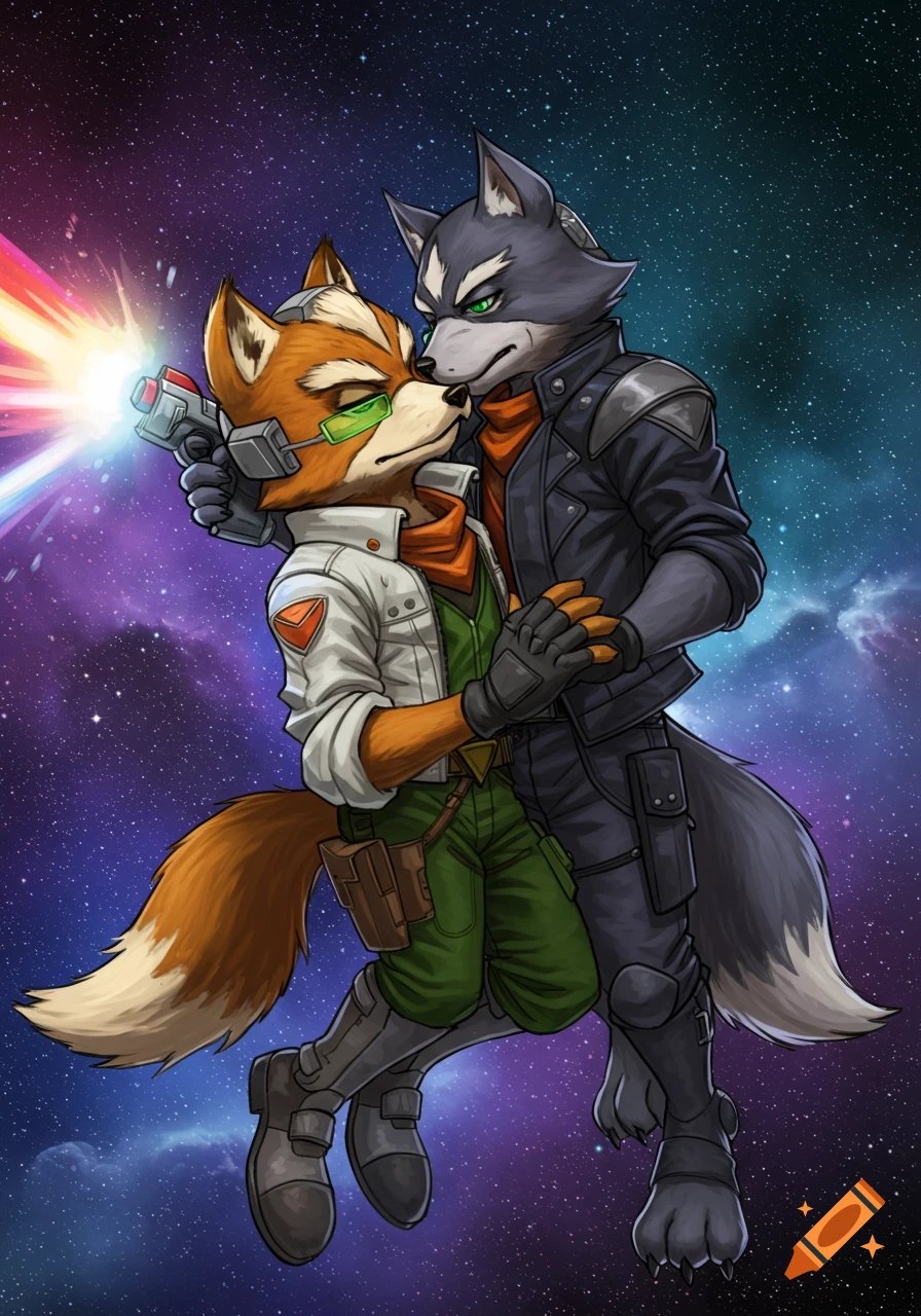 Fox McCloud and Wolf O'Donnell embrace in space, Fox holding a glowing blaster