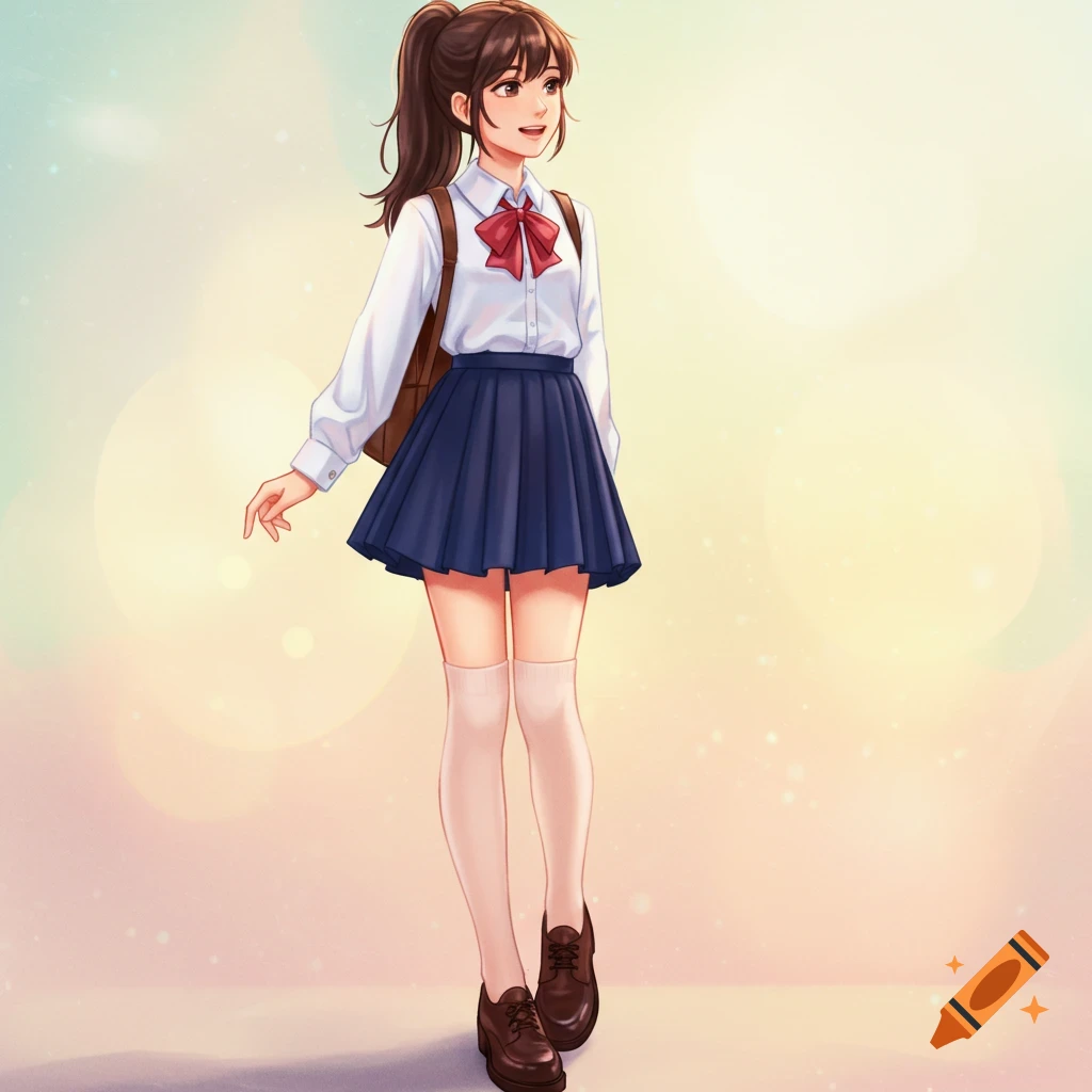 Anime girl in school uniform, knee-high socks, and backpack walking