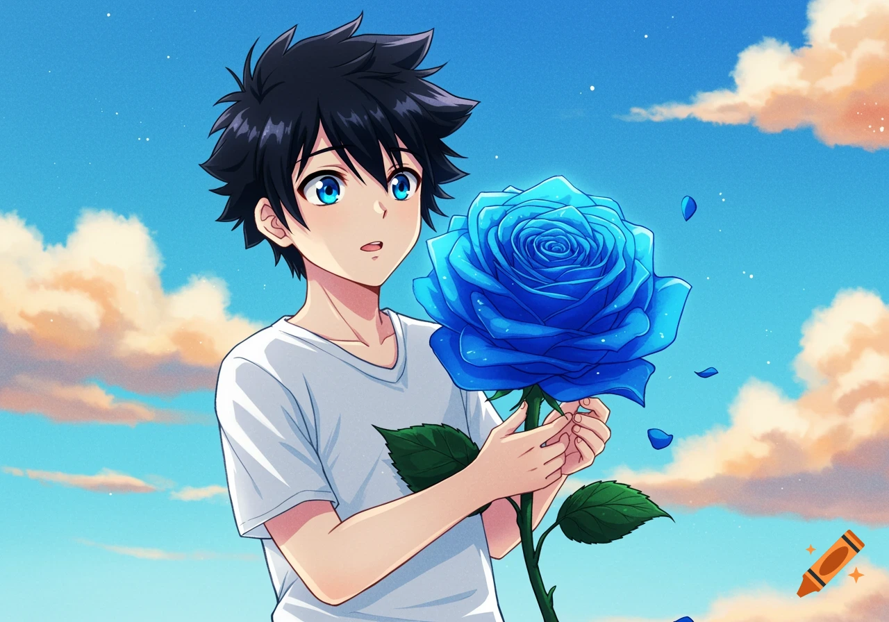Anime boy holding a large blue rose against a sky background.