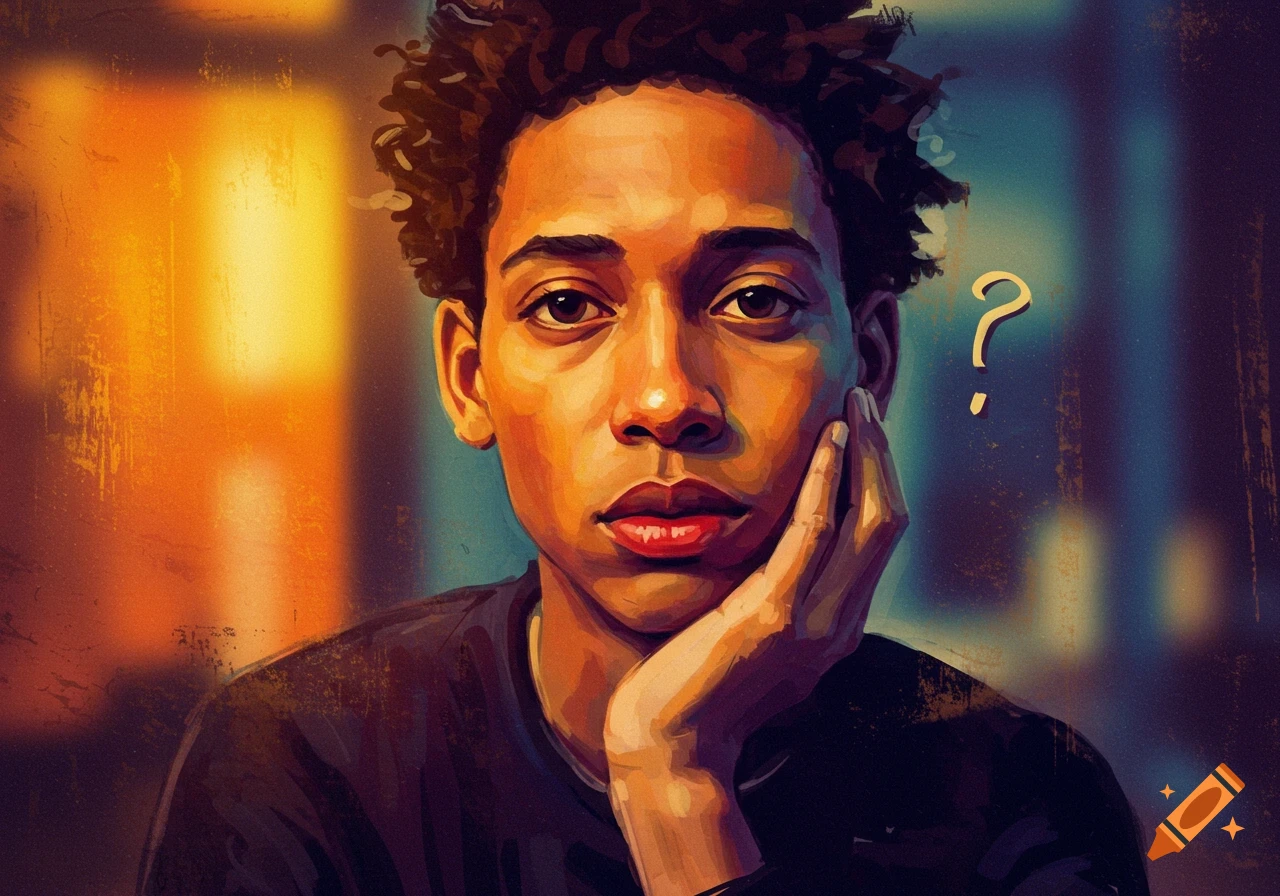 A stylized portrait of a young person with a hand on their chin, looking confused, with a question mark floating next to their head.