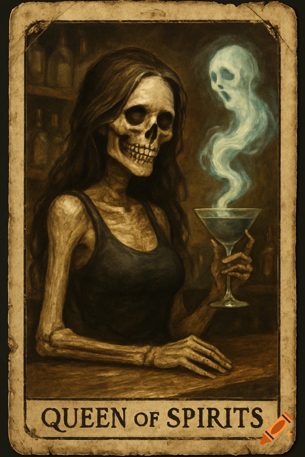 A stylized, tattered tarot card shows a skeleton woman bartender with long hair, holding a cocktail with a ghost floating out, in a bar.