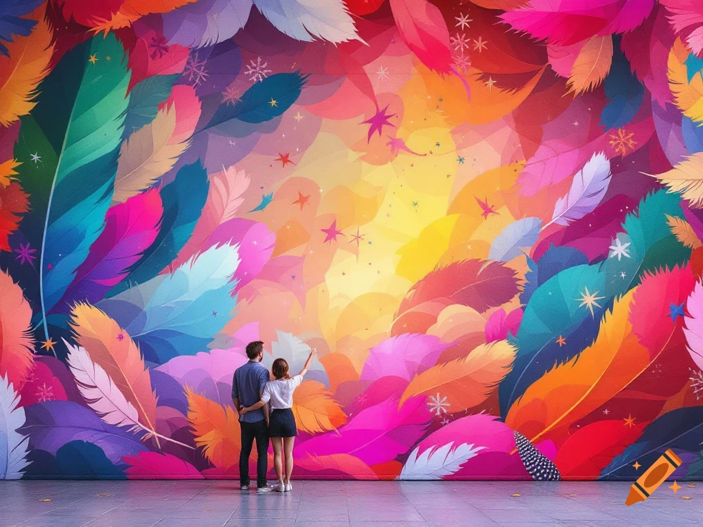 Two people viewing a large colorful feather mural with stars and bright light.
