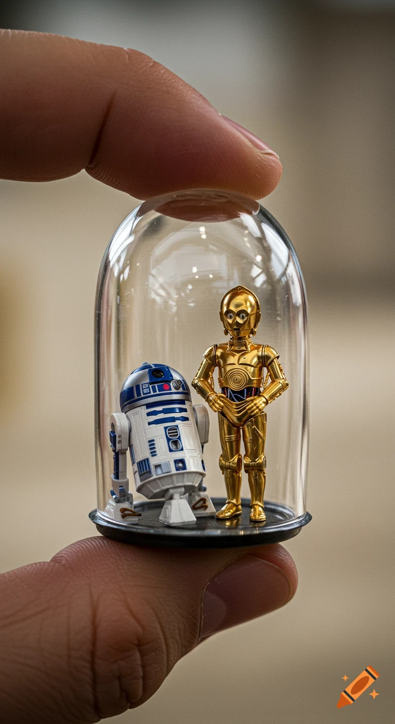 Miniature R2-D2 and C-3PO toys in a glass capsule held between fingertips.