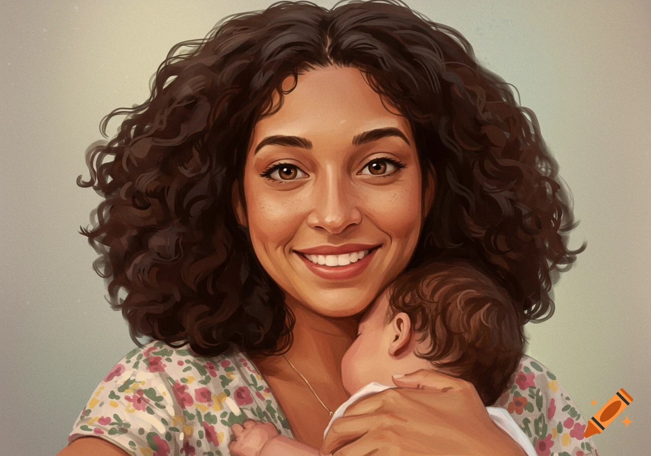 Stylized portrait of a smiling mother holding her baby.