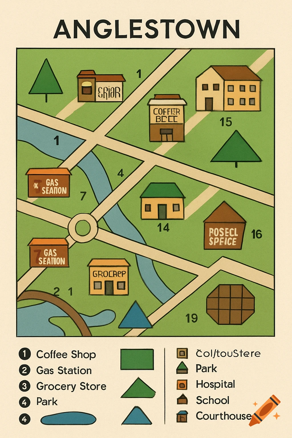 A cartoon map of a town showing streets, buildings, a river, and a legend.