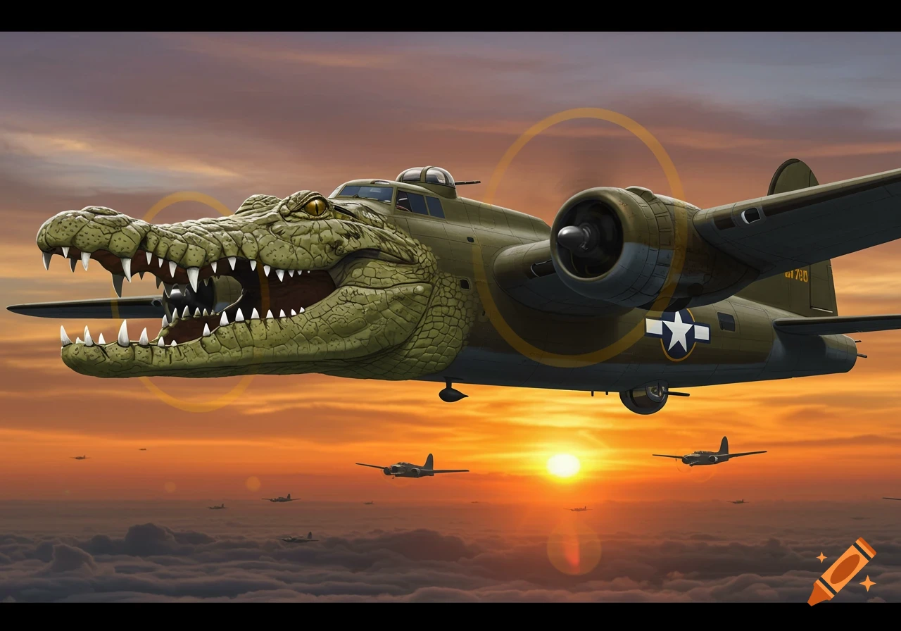 A military bomber plane flies with a large crocodile head grafted onto its front, soaring with other planes over clouds at sunset.