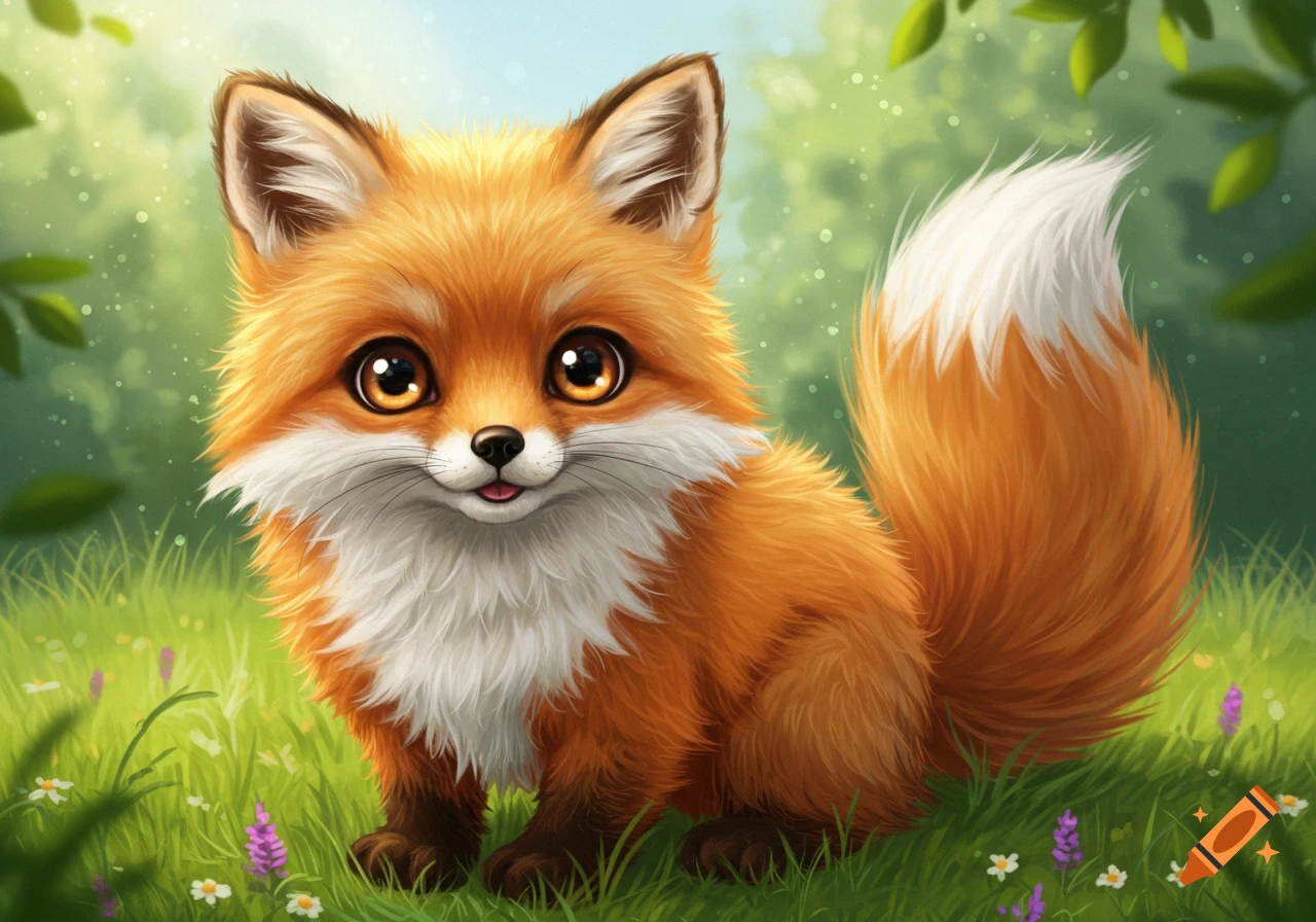 A cute cartoon fox sits in a grassy field.