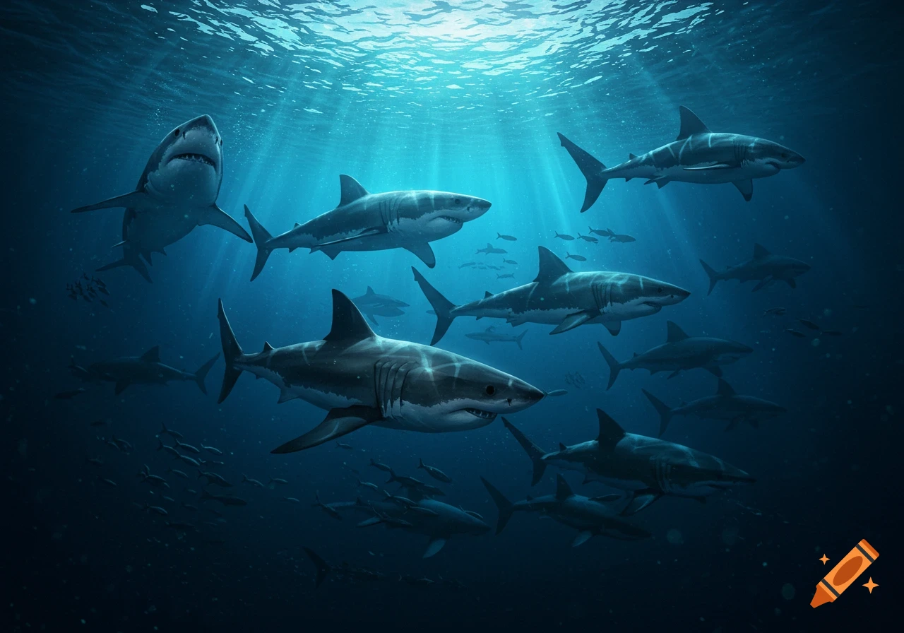A shiver of great white sharks swim through deep blue ocean waters with rays of sunlight shining down.