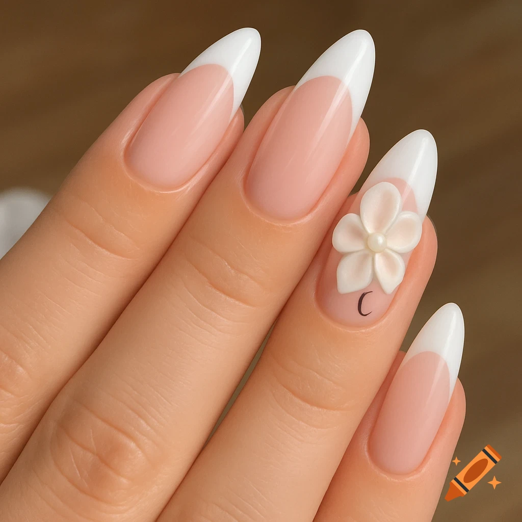Close up of a hand with almond shape French tip nails, one nail has a 3D white flower and the letter C