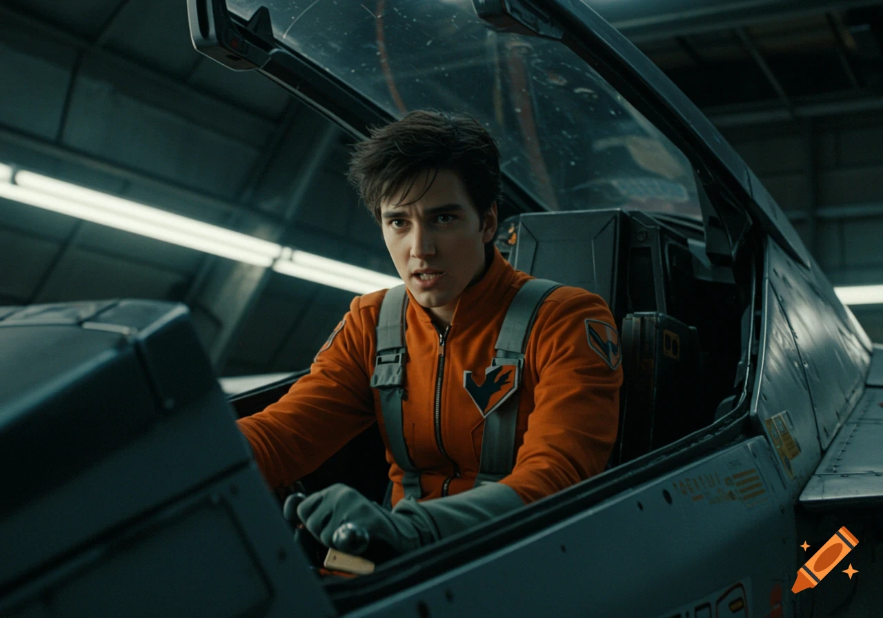 A young pilot in an orange flight suit sits in the cockpit of a futuristic fighter jet.
