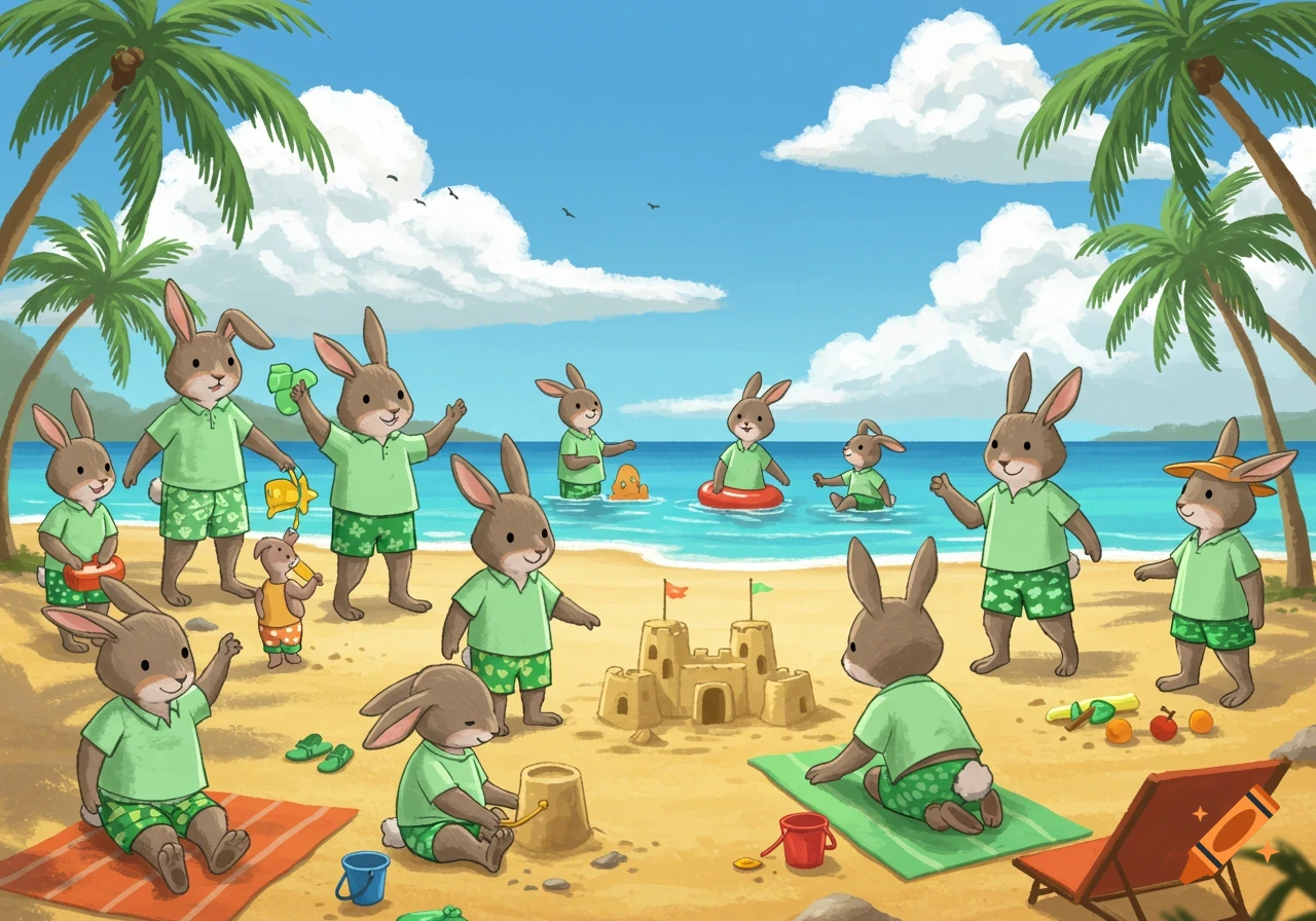 Cartoon rabbits play on a tropical beach, building sandcastles and swimming.