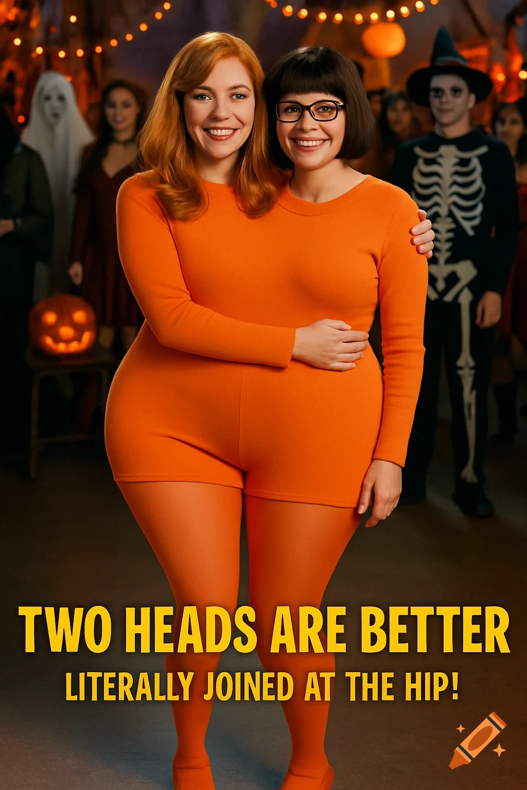 Two women in orange creating a two-headed costume illusion at a Halloween party with overlaid text.