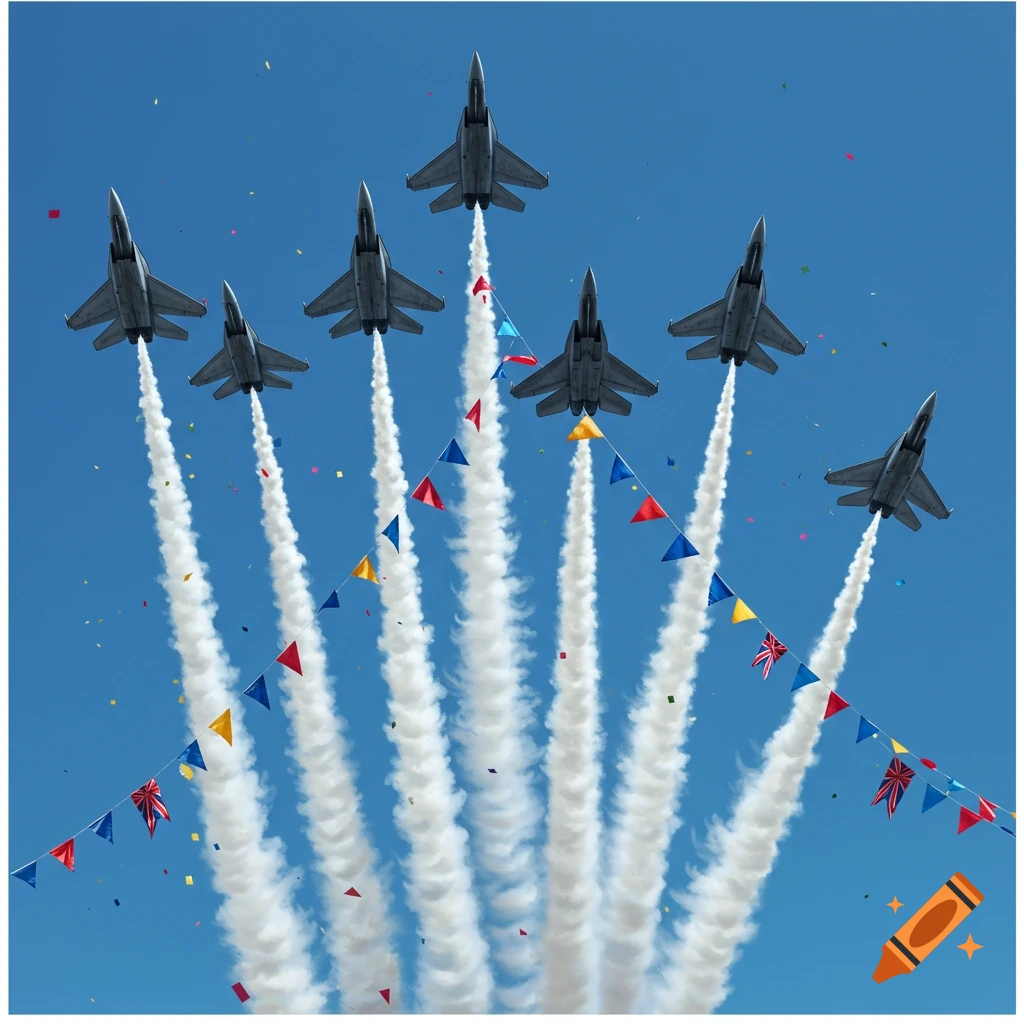 Six military jets fly in formation trailing white smoke, with confetti and flags below, against a blue sky.