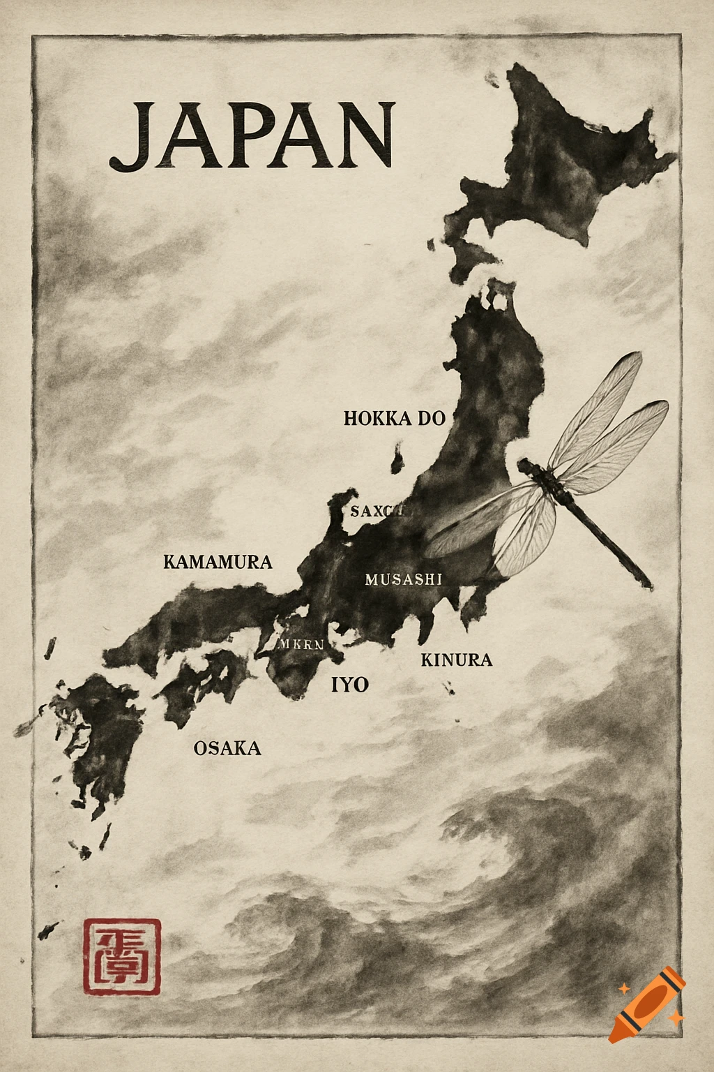 Sumi-e style map of Japan with labeled regions and a large dragonfly flying over it.