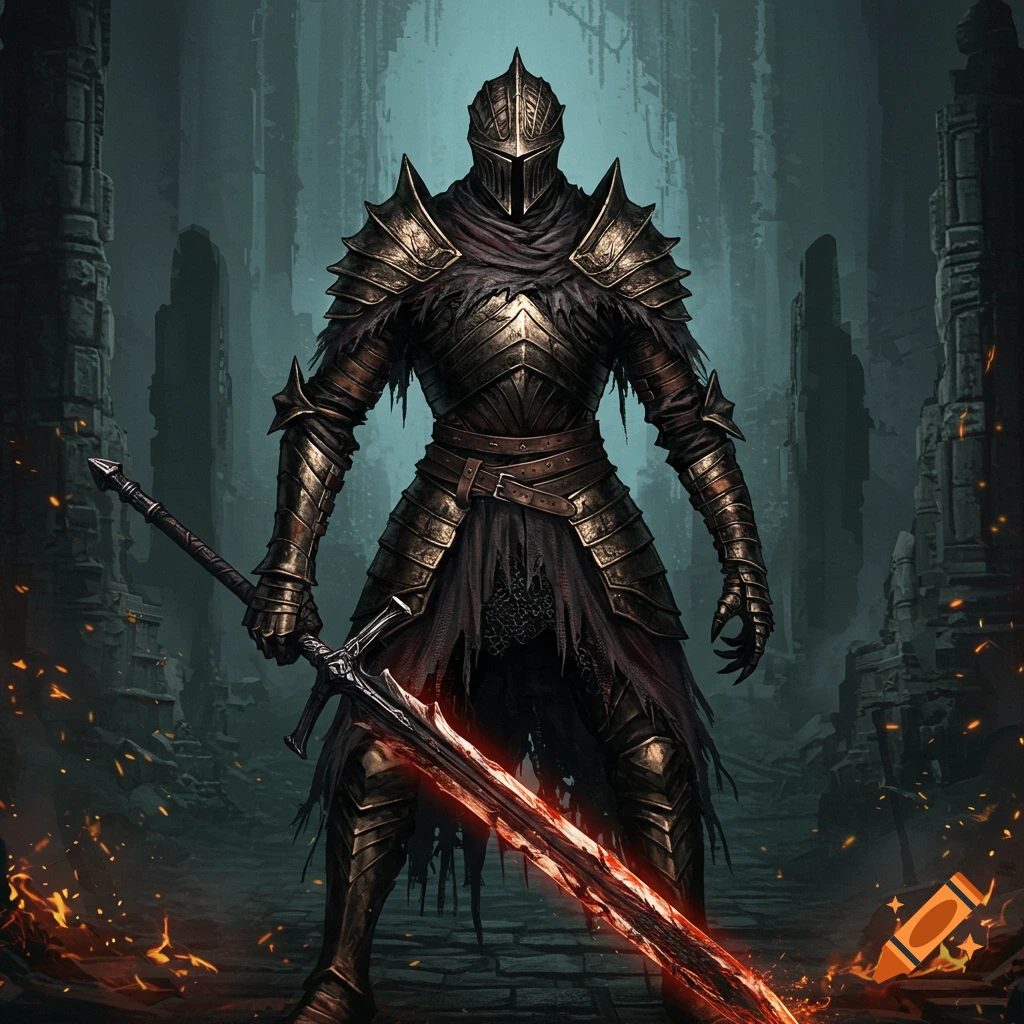 A dark fantasy knight in spiked armor holds a glowing sword in ruins.