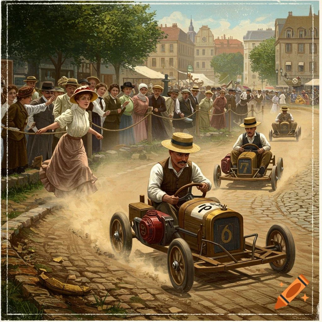 Vintage car race on a cobblestone street, with drivers in early 1900s attire and a crowd of spectators.