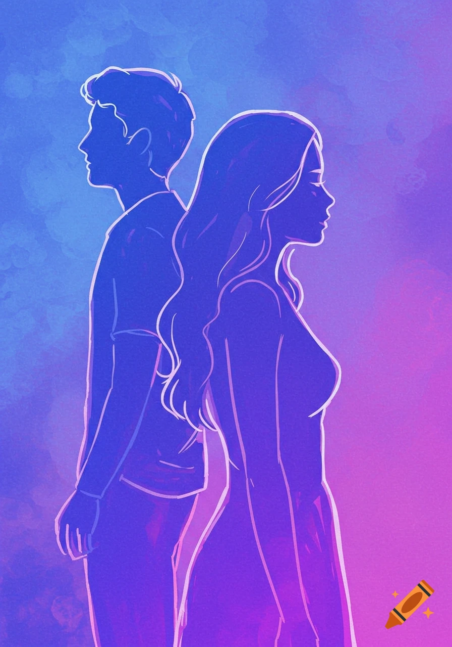 Stylized outline illustration of a man and woman standing back-to-back against a purple and blue gradient background.